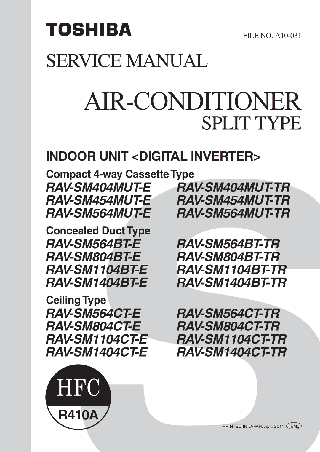 Toshiba CONCEALED DUCK TYPE, CEILING TYPE service manual Split Type 