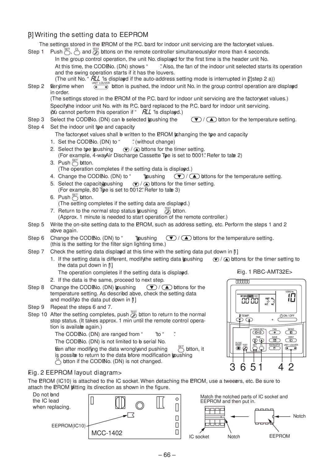 Toshiba CEILING TYPE, CONCEALED DUCK TYPE service manual Writing the setting data to Eeprom, MCC-1402 