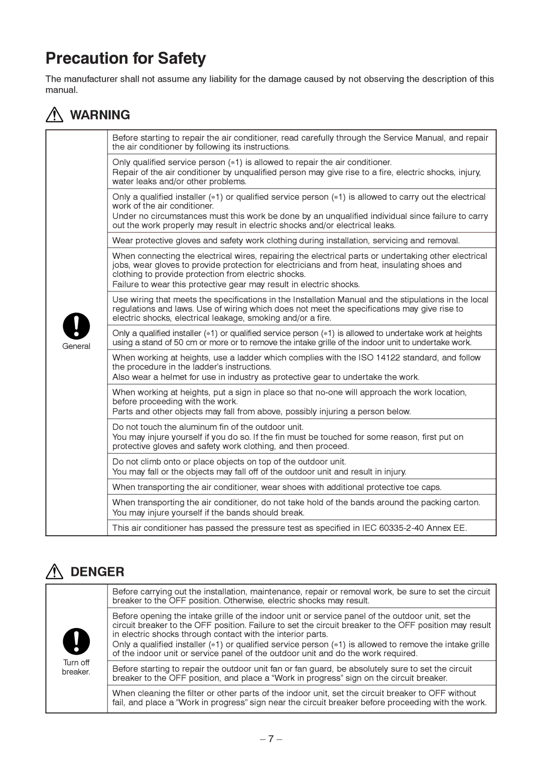 Toshiba CONCEALED DUCK TYPE, CEILING TYPE service manual Precaution for Safety 