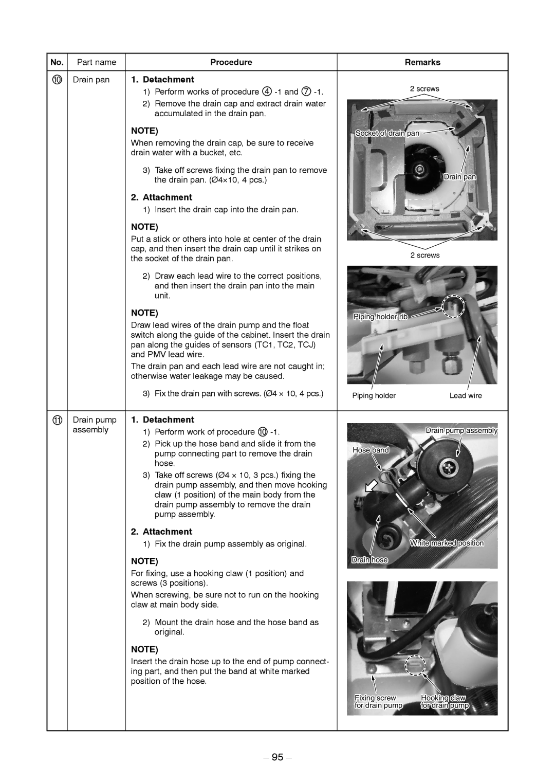 Toshiba CONCEALED DUCK TYPE, CEILING TYPE service manual Drain pan 1. Detachment, Drain pump 1. Detachment 