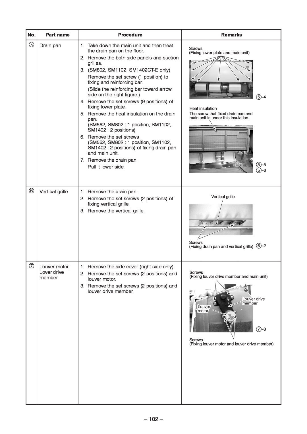 Toshiba CEILING TYPE, CONCEALED DUCK TYPE service manual 102, Part name, Procedure, Remarks 