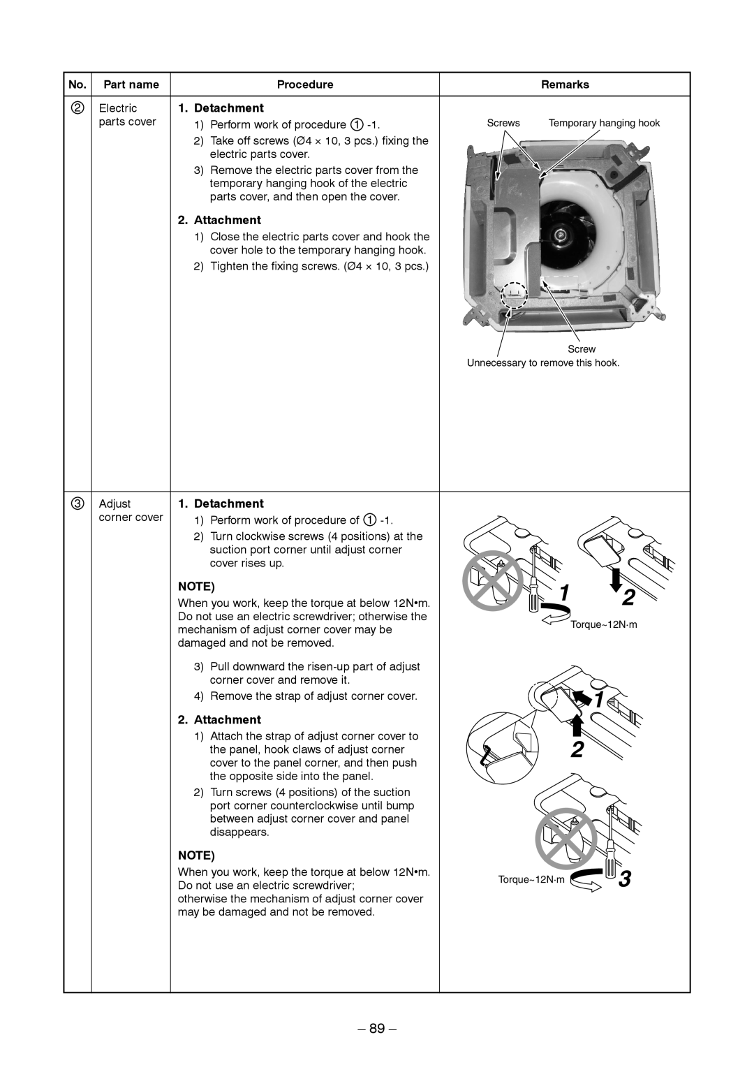 Toshiba CONCEALED DUCK TYPE, CEILING TYPE service manual 89, Detachment, Attachment, Part name, Procedure, Remarks 
