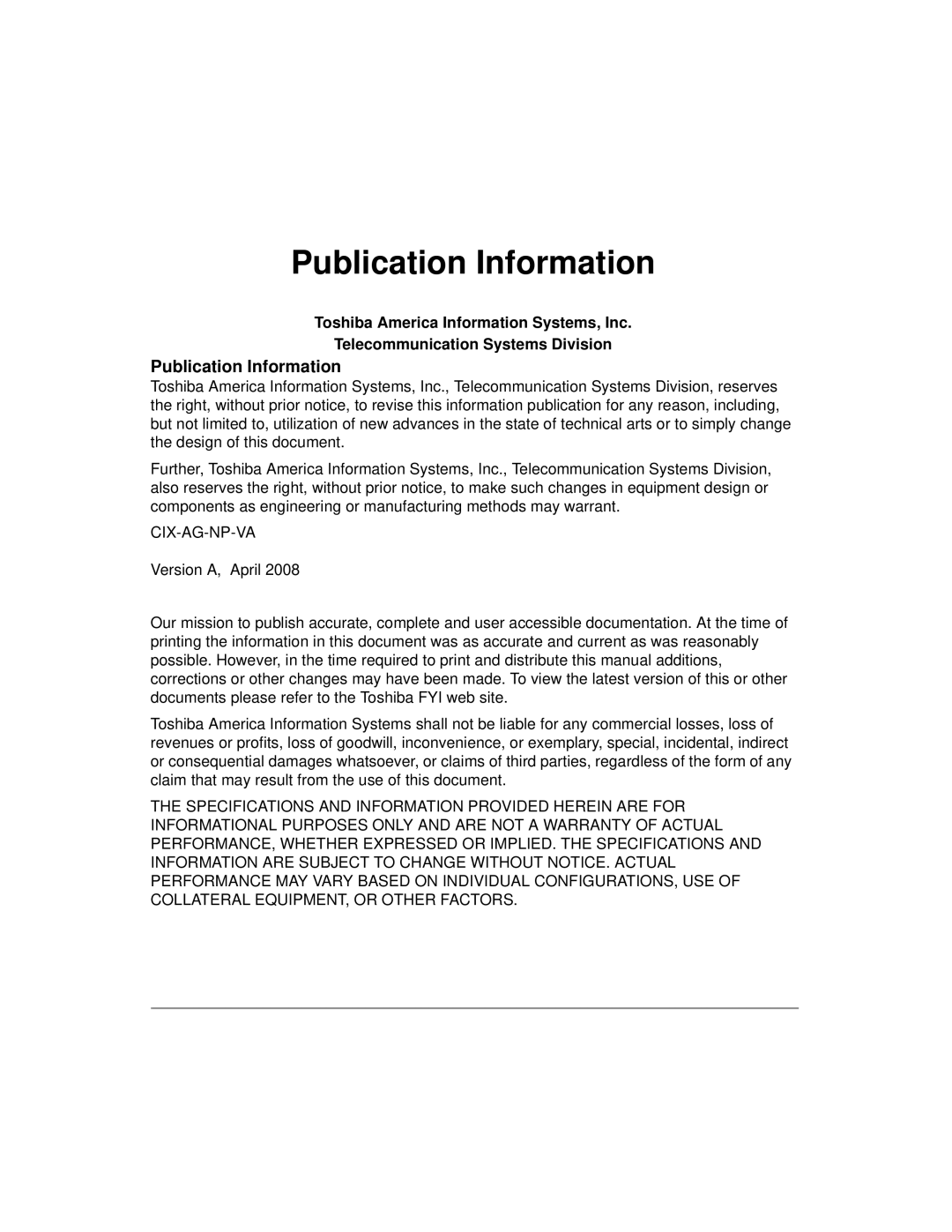 Toshiba CIX-AG-NP-VA manual Publication Information 