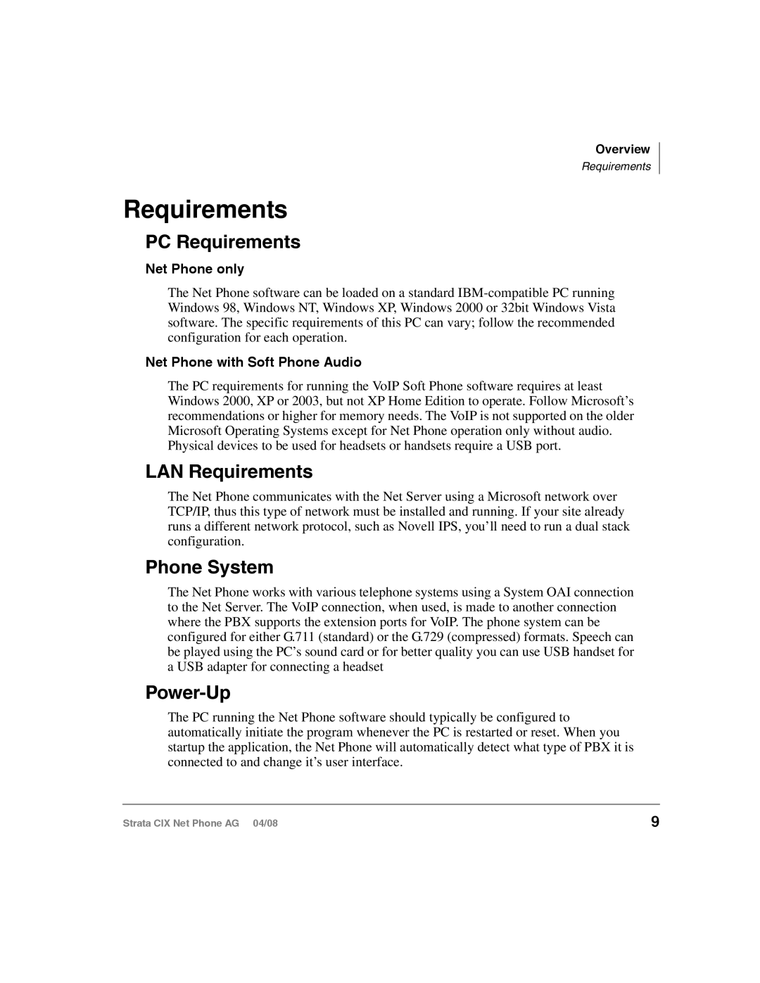 Toshiba CIX-AG-NP-VA manual PC Requirements, LAN Requirements, Phone System, Power-Up 