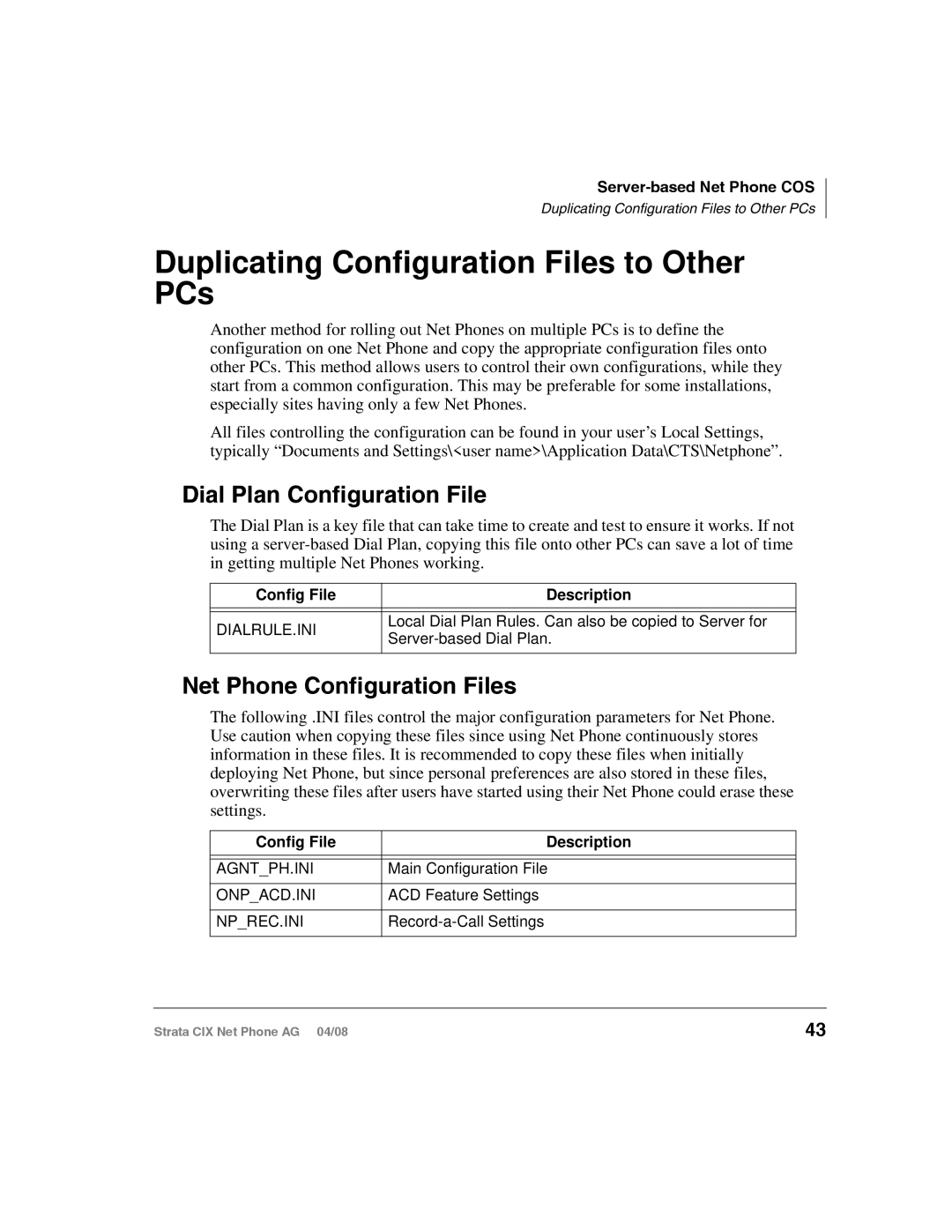 Toshiba CIX-AG-NP-VA Duplicating Configuration Files to Other PCs, Dial Plan Configuration File, Config File Description 