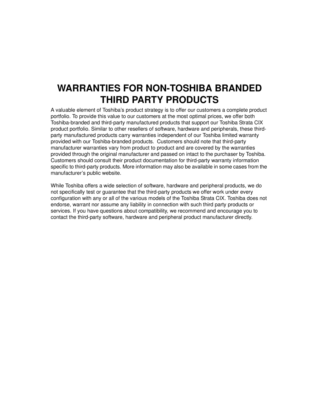 Toshiba CIX-AG-NP-VA manual Warranties for NON-TOSHIBA Branded Third Party Products 