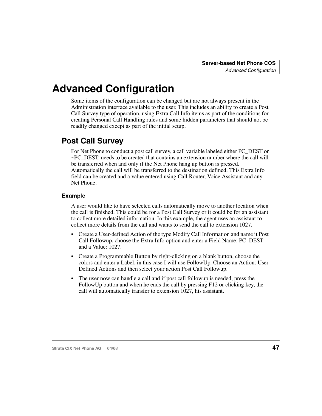 Toshiba CIX-AG-NP-VA manual Advanced Configuration, Post Call Survey 