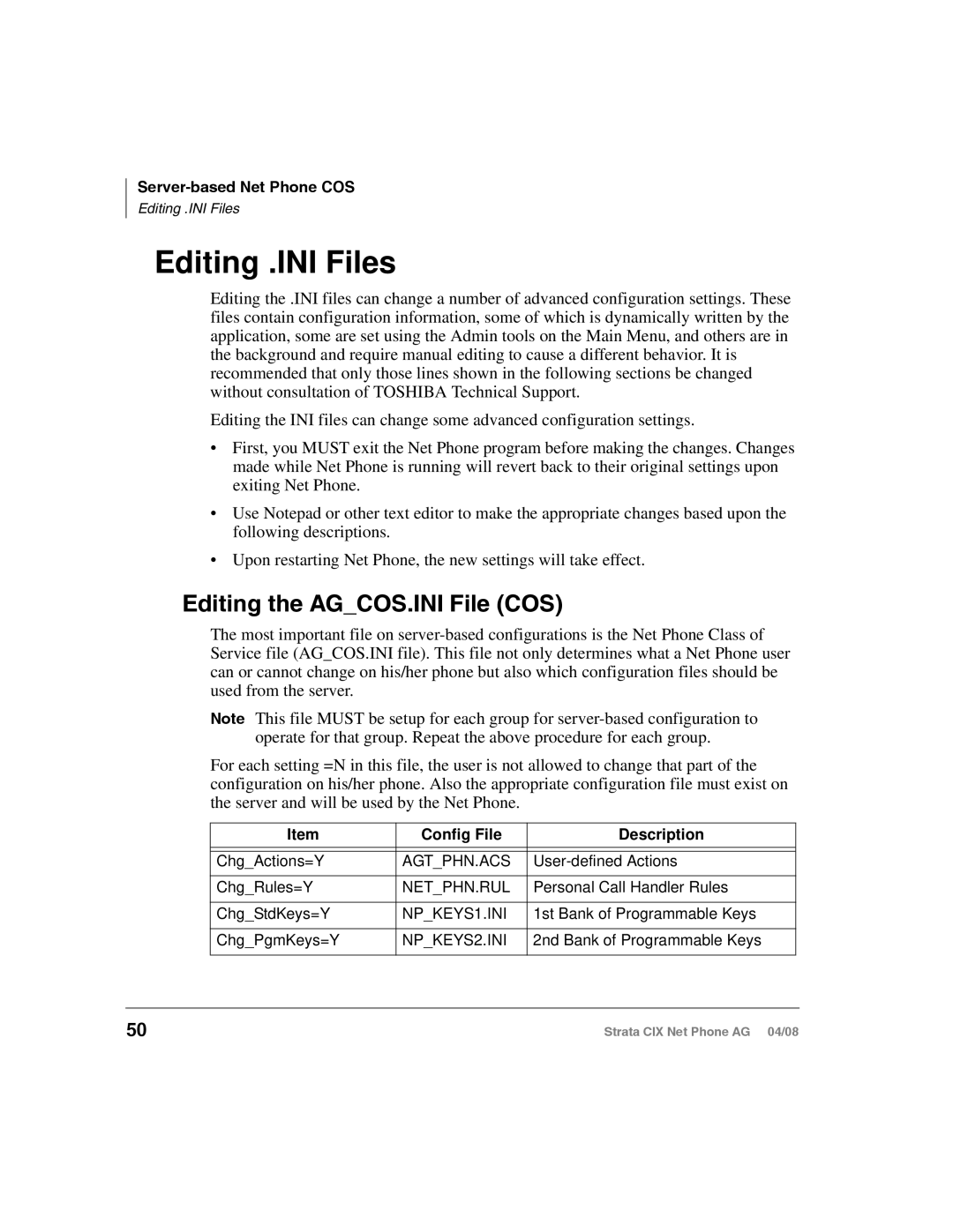 Toshiba CIX-AG-NP-VA manual Editing .INI Files, Editing the AGCOS.INI File COS 