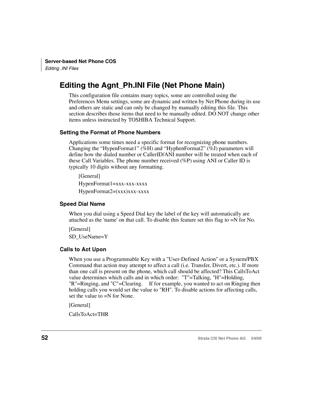 Toshiba CIX-AG-NP-VA manual Editing the AgntPh.INI File Net Phone Main, Setting the Format of Phone Numbers 