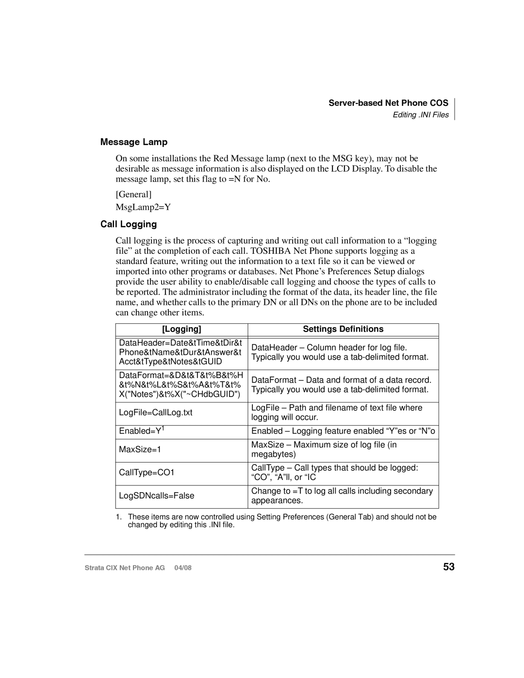 Toshiba CIX-AG-NP-VA manual Message Lamp, Logging Settings Definitions 