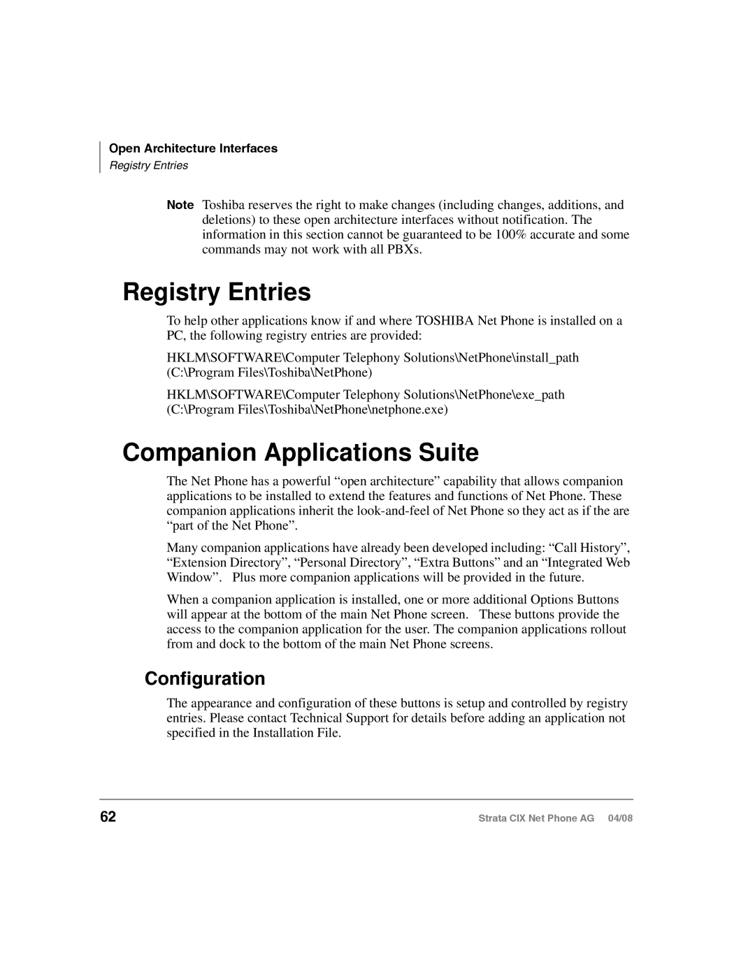 Toshiba CIX-AG-NP-VA manual Registry Entries, Companion Applications Suite, Configuration, Open Architecture Interfaces 