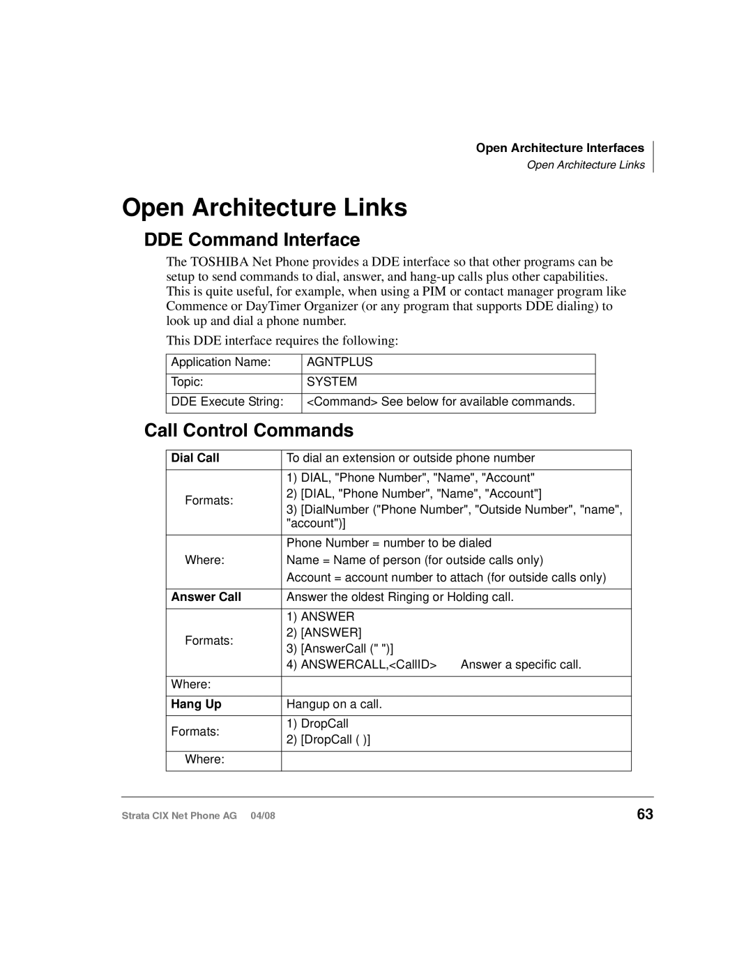 Toshiba CIX-AG-NP-VA manual Open Architecture Links, DDE Command Interface, Call Control Commands 