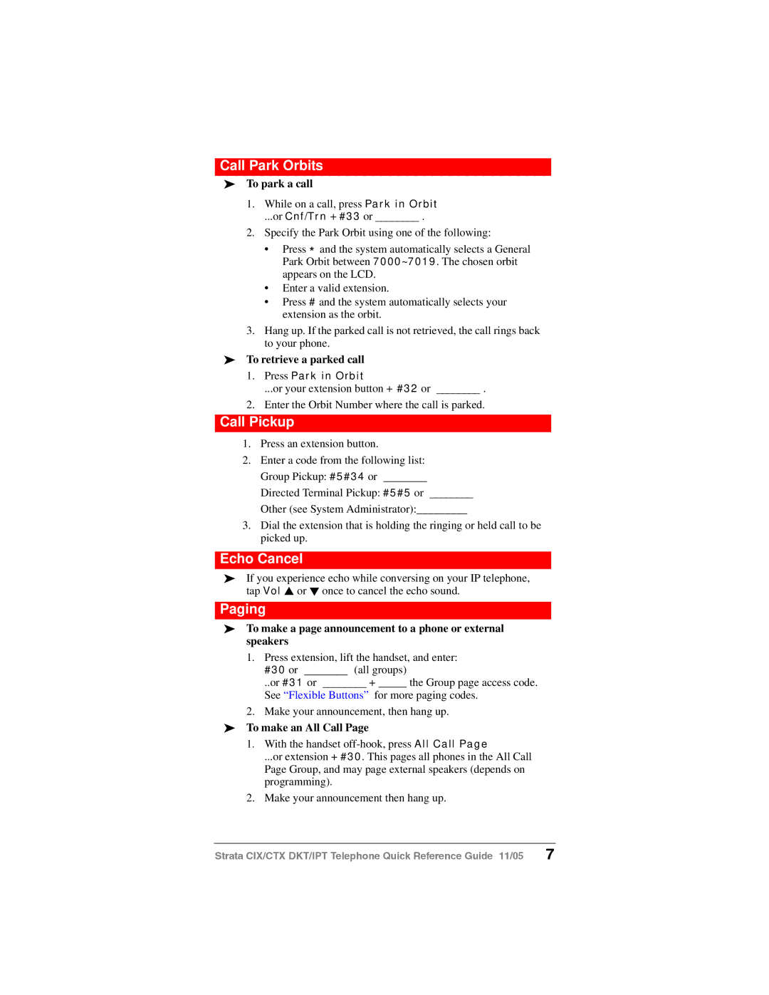 Toshiba CIX-CTX-QRG-VB VERSION B1 manual Call Park Orbits, Call Pickup, Echo Cancel, Paging 