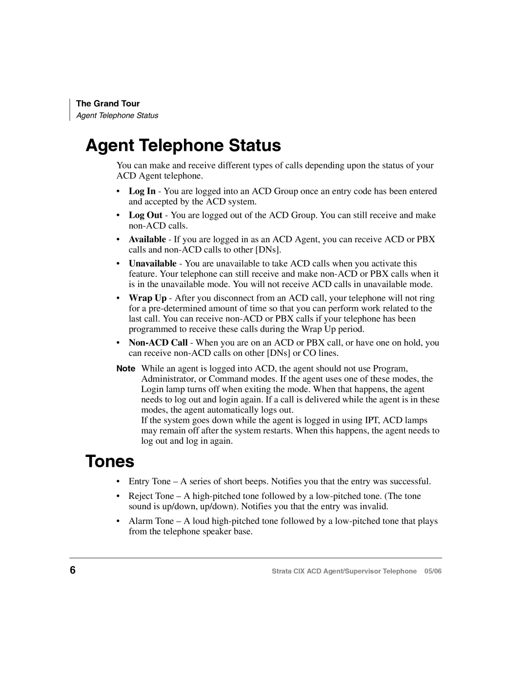 Toshiba CIX-SG-CCACD-VB manual Agent Telephone Status, Tones 