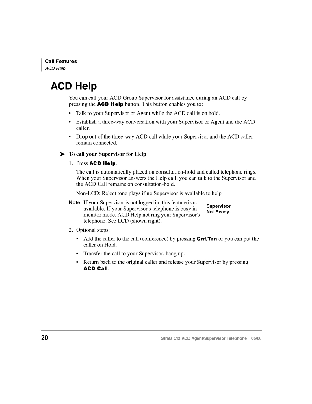 Toshiba CIX-SG-CCACD-VB manual ACD Help, To call your Supervisor for Help 