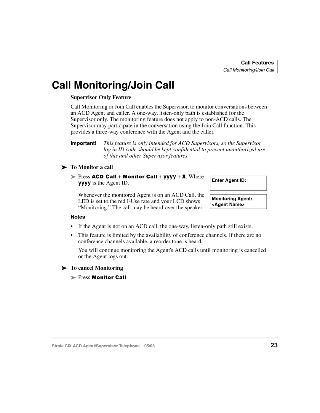 Toshiba CIX-SG-CCACD-VB manual Call Monitoring/Join Call, To Monitor a call, To cancel Monitoring 