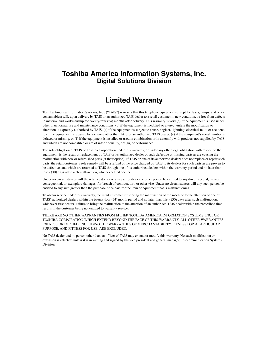 Toshiba CIX-SG-CCACD-VB manual Toshiba America Information Systems, Inc 