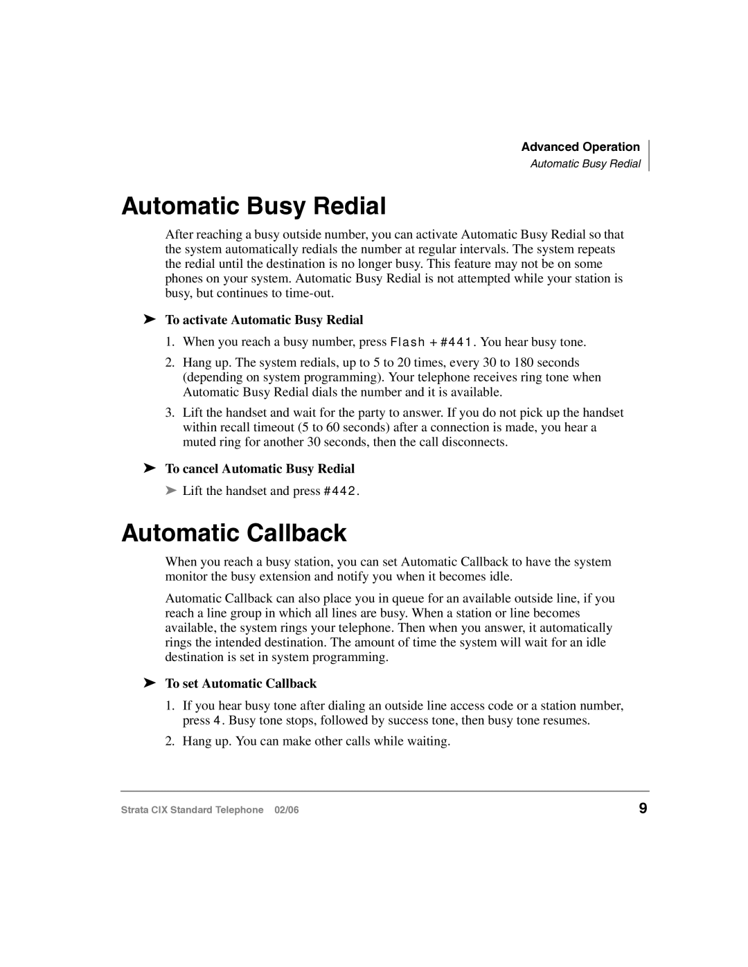 Toshiba CIX-UG-STDTELVB manual Automatic Callback, To activate Automatic Busy Redial, To cancel Automatic Busy Redial 