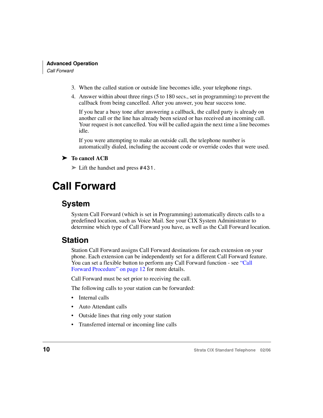 Toshiba CIX-UG-STDTELVB manual Call Forward, System, Station, To cancel ACB 