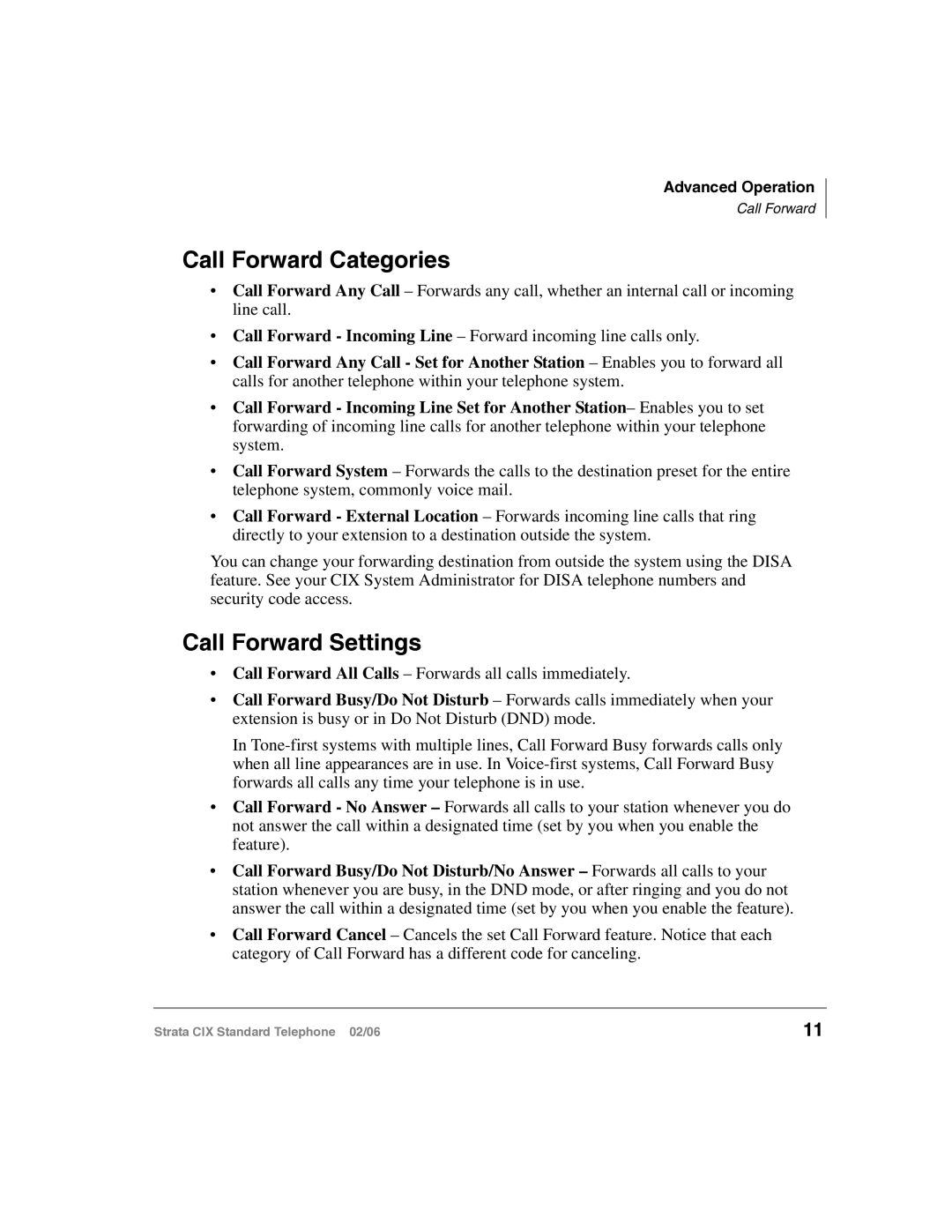 Toshiba CIX-UG-STDTELVB manual Call Forward Categories, Call Forward Settings 