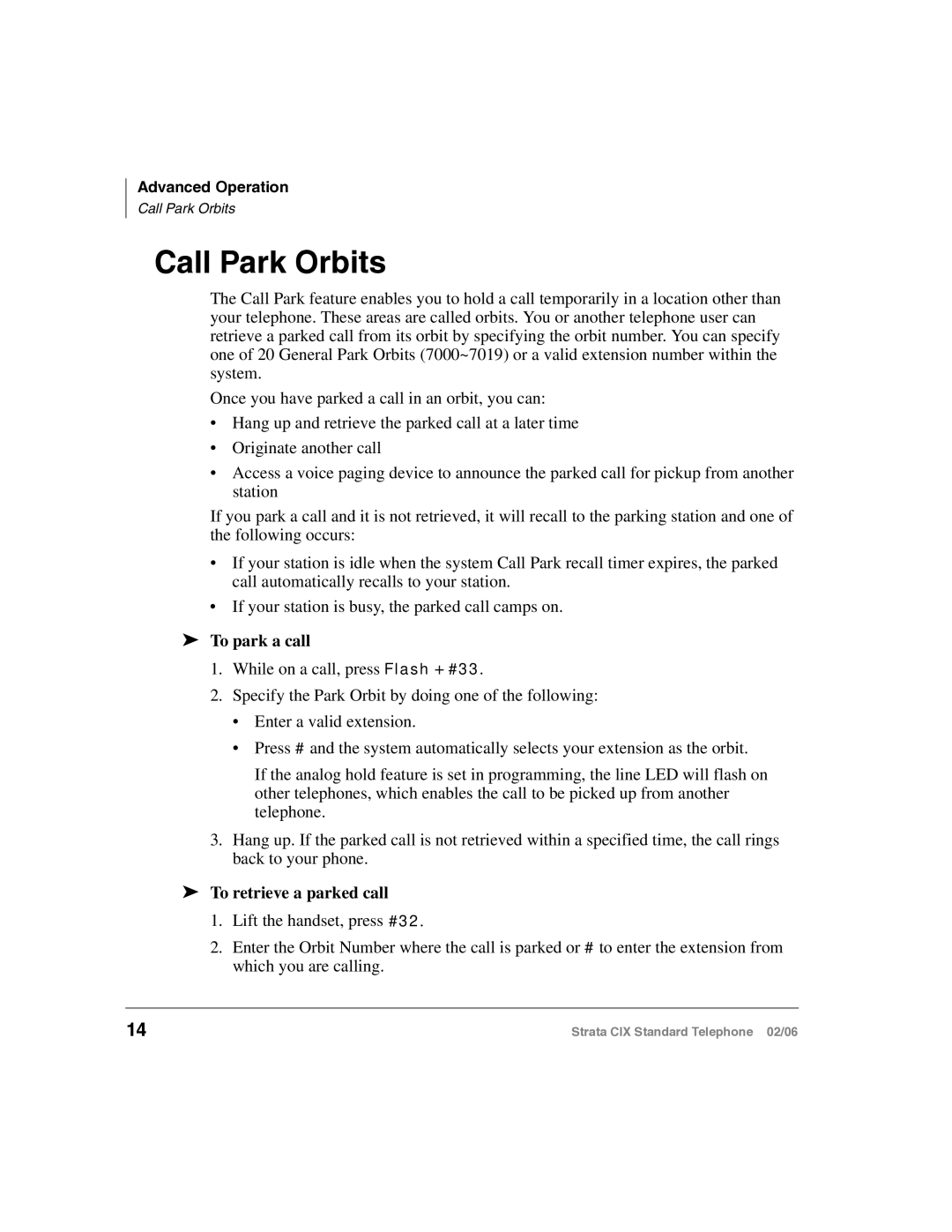 Toshiba CIX-UG-STDTELVB manual Call Park Orbits, To park a call, To retrieve a parked call 