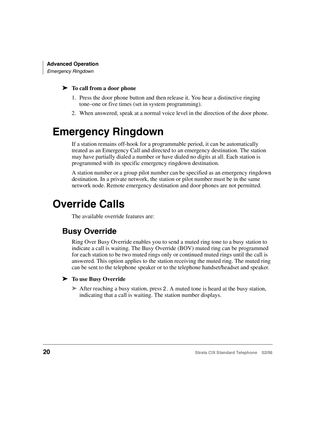 Toshiba CIX-UG-STDTELVB manual Emergency Ringdown, Override Calls, To call from a door phone, To use Busy Override 