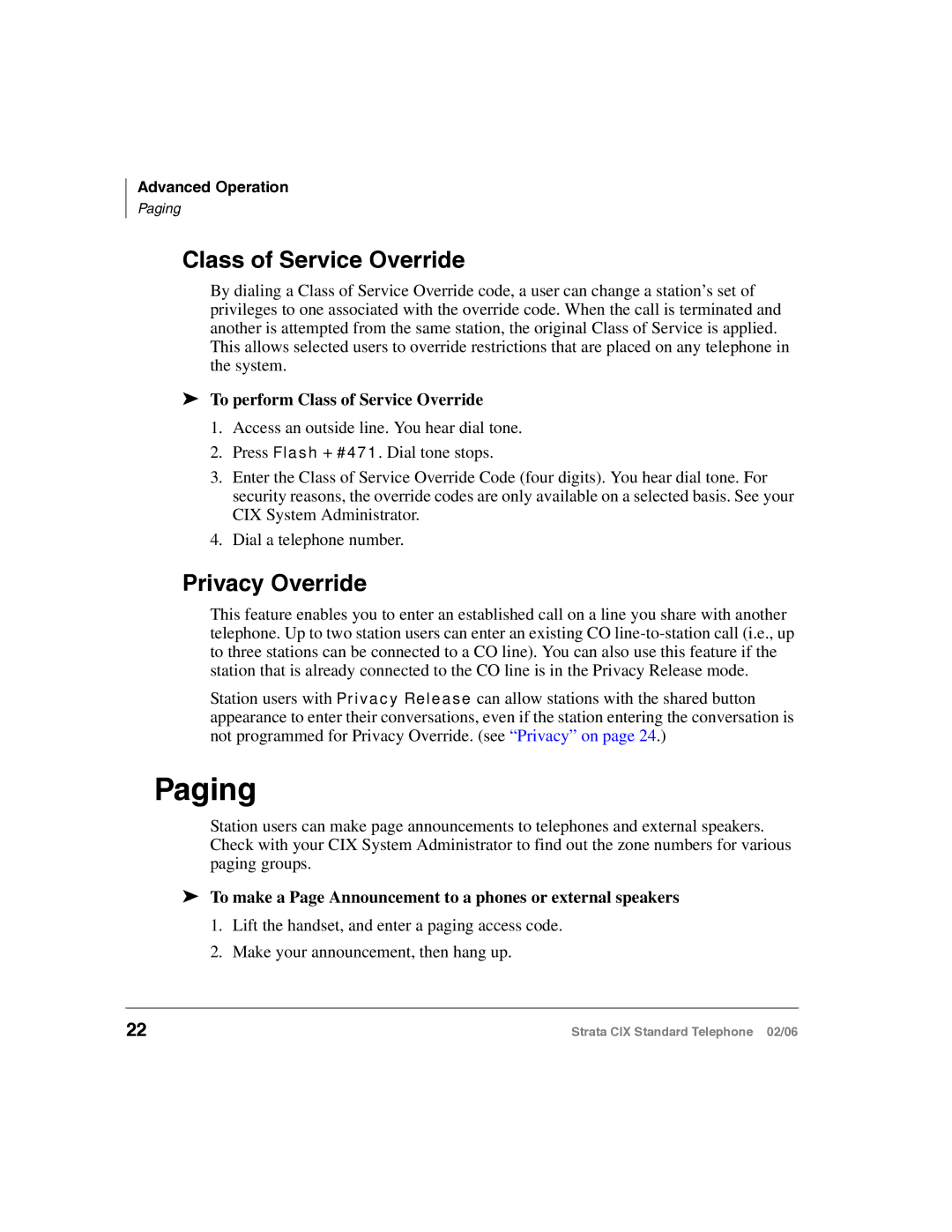 Toshiba CIX-UG-STDTELVB manual Paging, Privacy Override, To perform Class of Service Override 