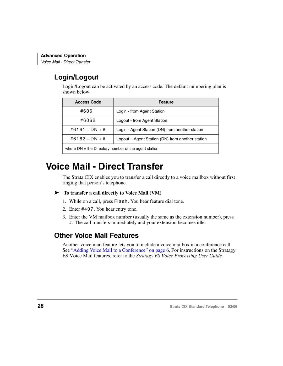 Toshiba CIX-UG-STDTELVB manual Voice Mail Direct Transfer, Login/Logout, Other Voice Mail Features 