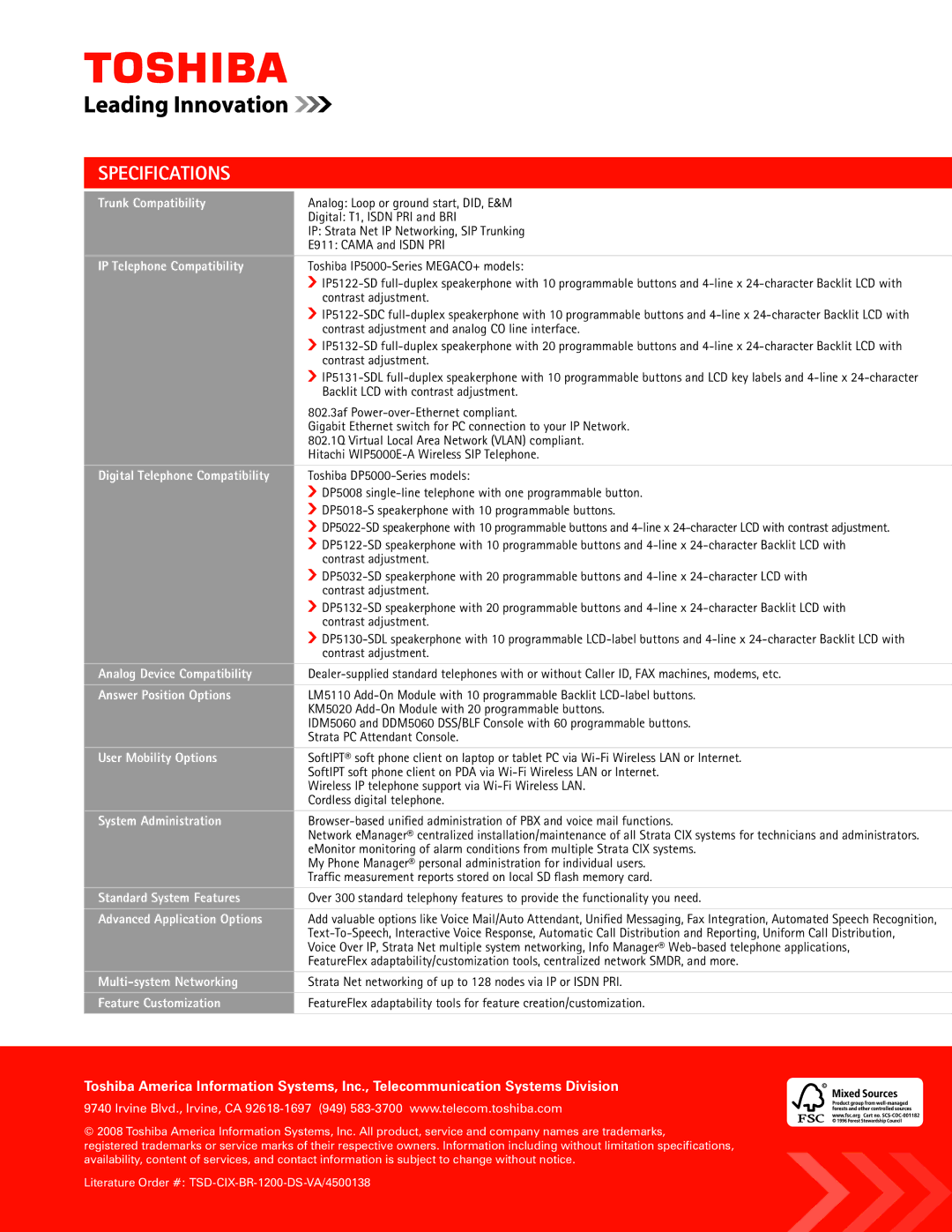 Toshiba CIX1200 Trunk Compatibility, IP Telephone Compatibility, Digital Telephone Compatibility, Answer Position Options 