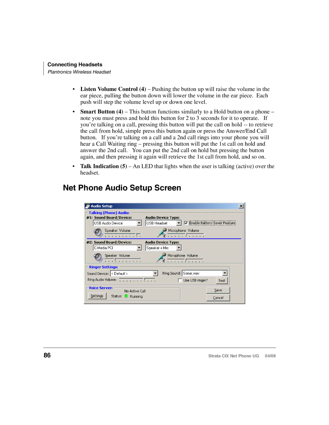 Toshiba CIX200, CIX100-S manual Net Phone Audio Setup Screen 