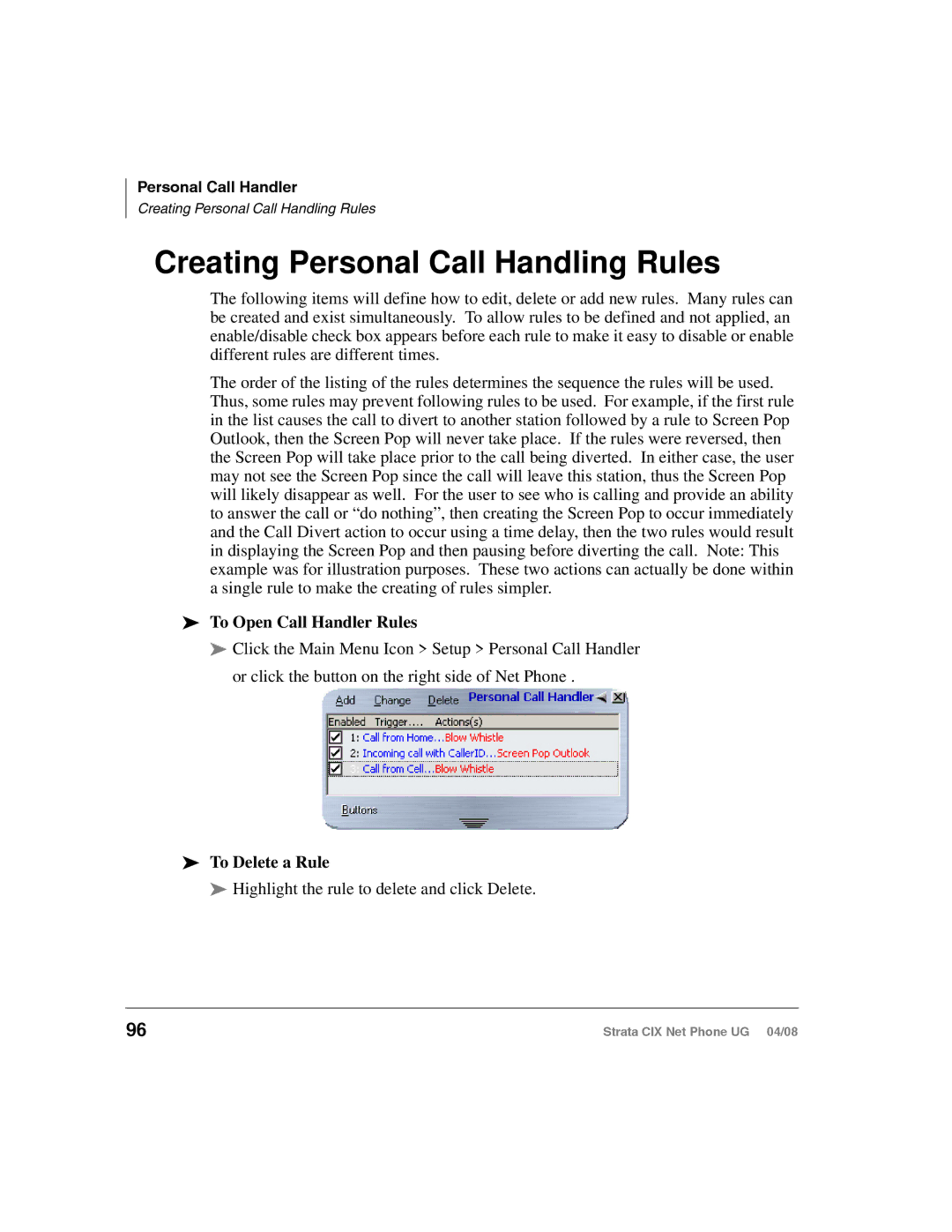 Toshiba CIX100-S, CIX200 manual Creating Personal Call Handling Rules, To Open Call Handler Rules, To Delete a Rule 