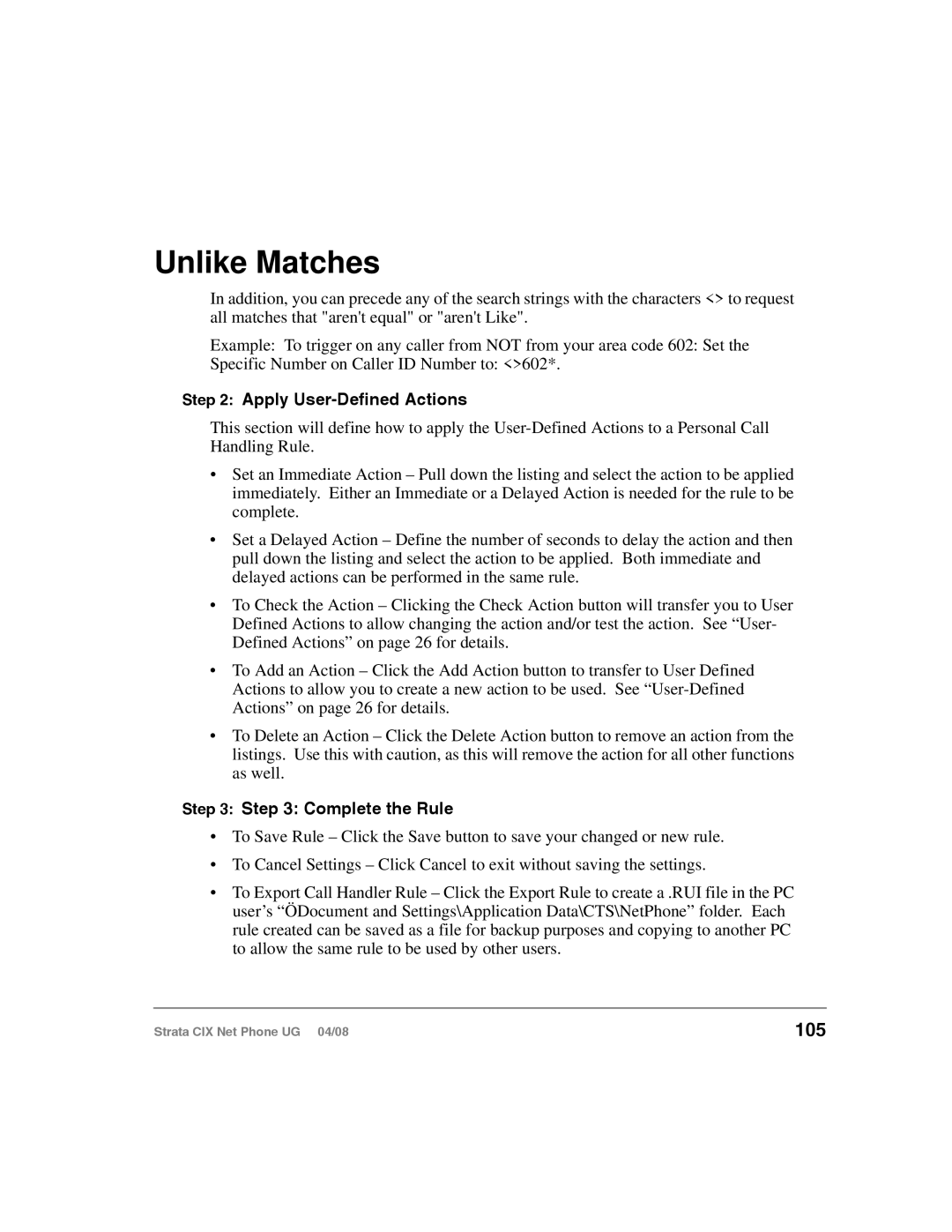 Toshiba CIX100-S, CIX200 manual Unlike Matches, 105, Apply User-Defined Actions, Complete the Rule 