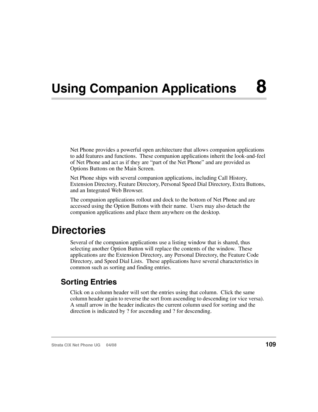 Toshiba CIX200, CIX100-S manual Using Companion Applications, Directories, Sorting Entries, 109 