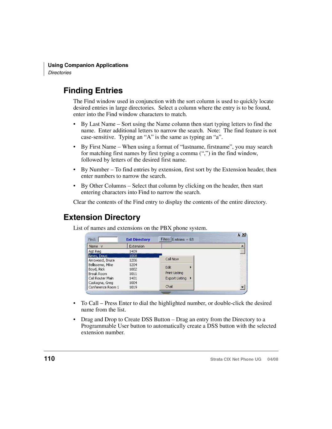 Toshiba CIX200, CIX100-S manual Finding Entries, Extension Directory, 110 