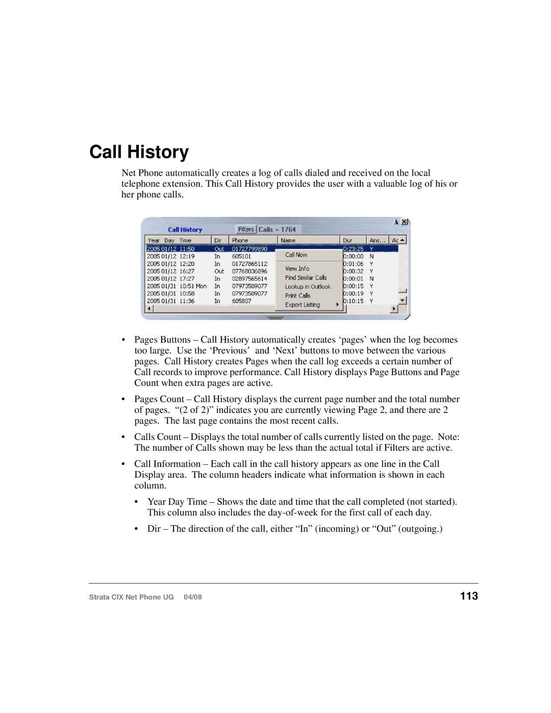 Toshiba CIX200, CIX100-S manual Call History, 113 