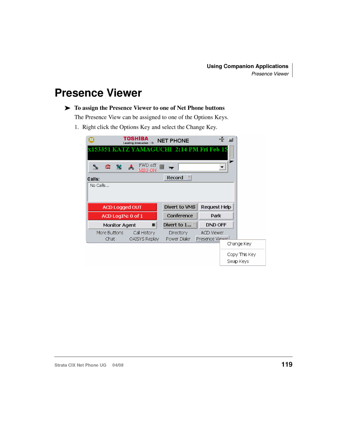 Toshiba CIX200, CIX100-S manual 119, To assign the Presence Viewer to one of Net Phone buttons 