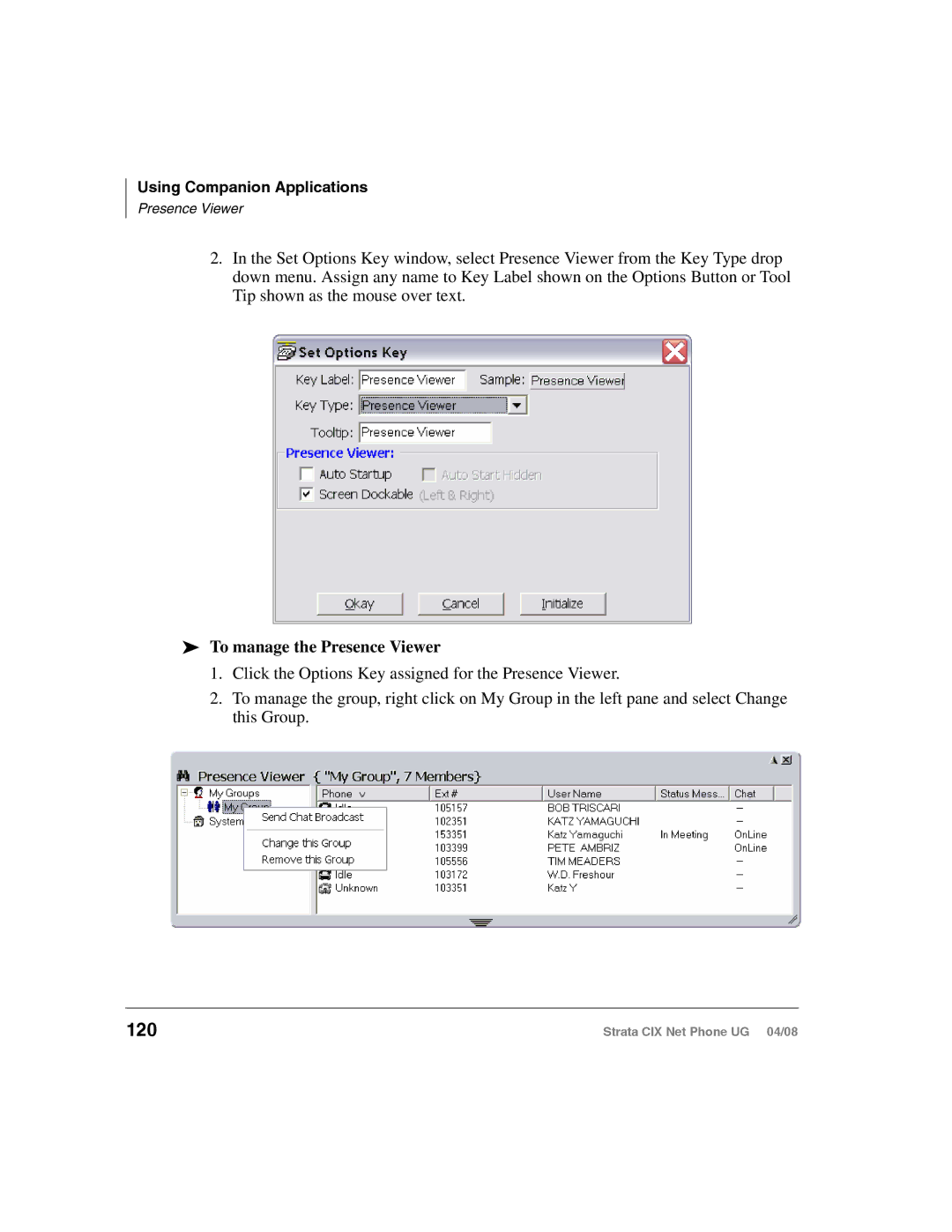 Toshiba CIX100-S, CIX200 manual 120, To manage the Presence Viewer 