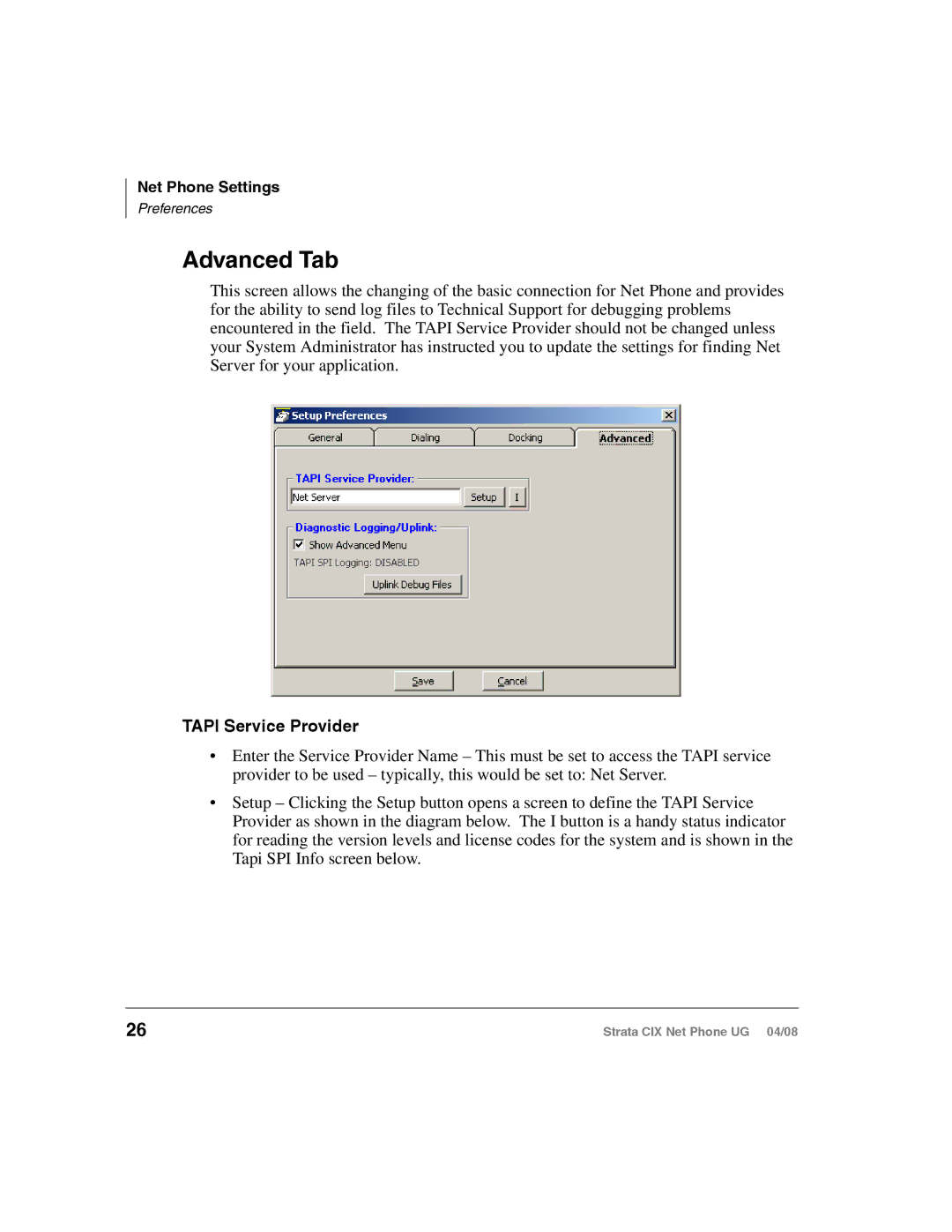 Toshiba CIX200, CIX100-S manual Advanced Tab, Tapi Service Provider 