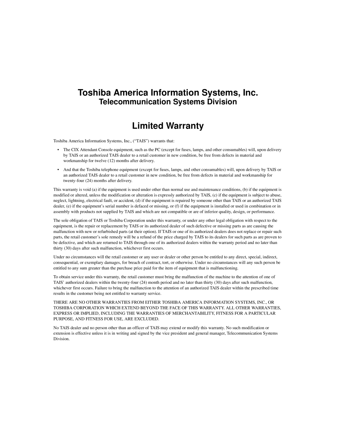 Toshiba CIX100-S, CIX200 manual Toshiba America Information Systems, Inc 