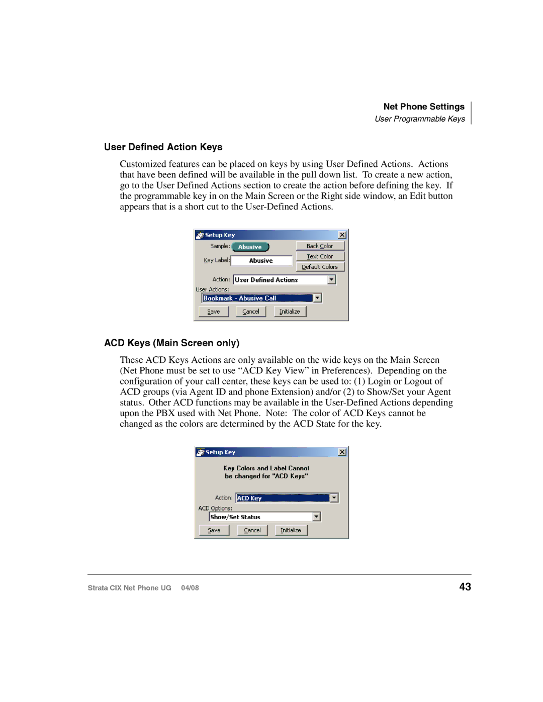 Toshiba CIX200, CIX100-S manual User Defined Action Keys, ACD Keys Main Screen only 