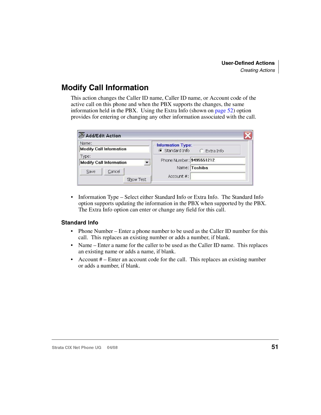 Toshiba CIX100-S, CIX200 manual Modify Call Information, Standard Info 