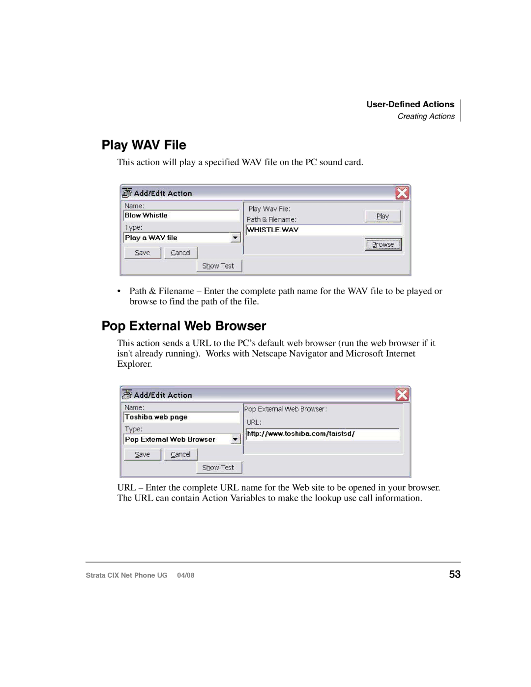 Toshiba CIX200, CIX100-S manual Play WAV File, Pop External Web Browser 