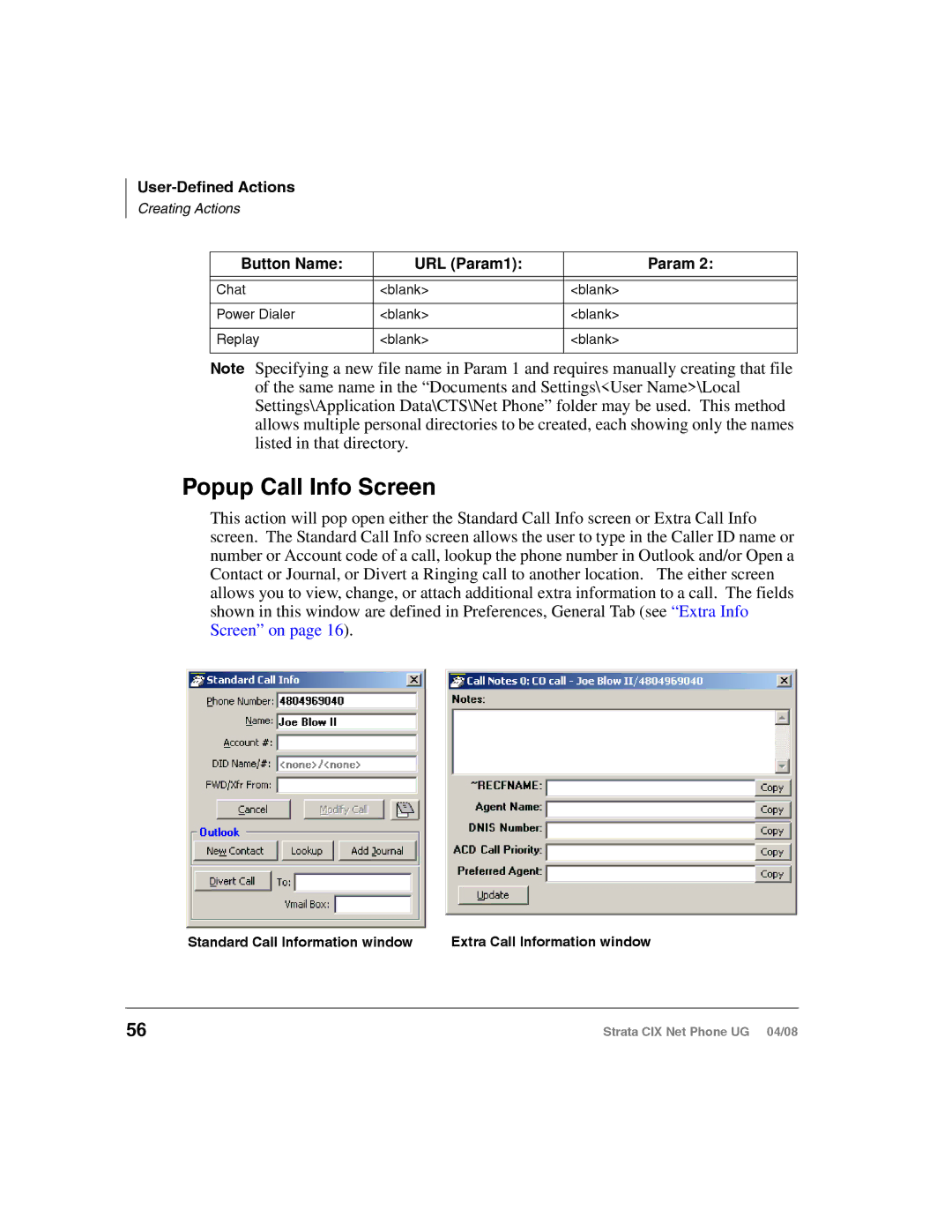 Toshiba CIX200, CIX100-S manual Popup Call Info Screen 