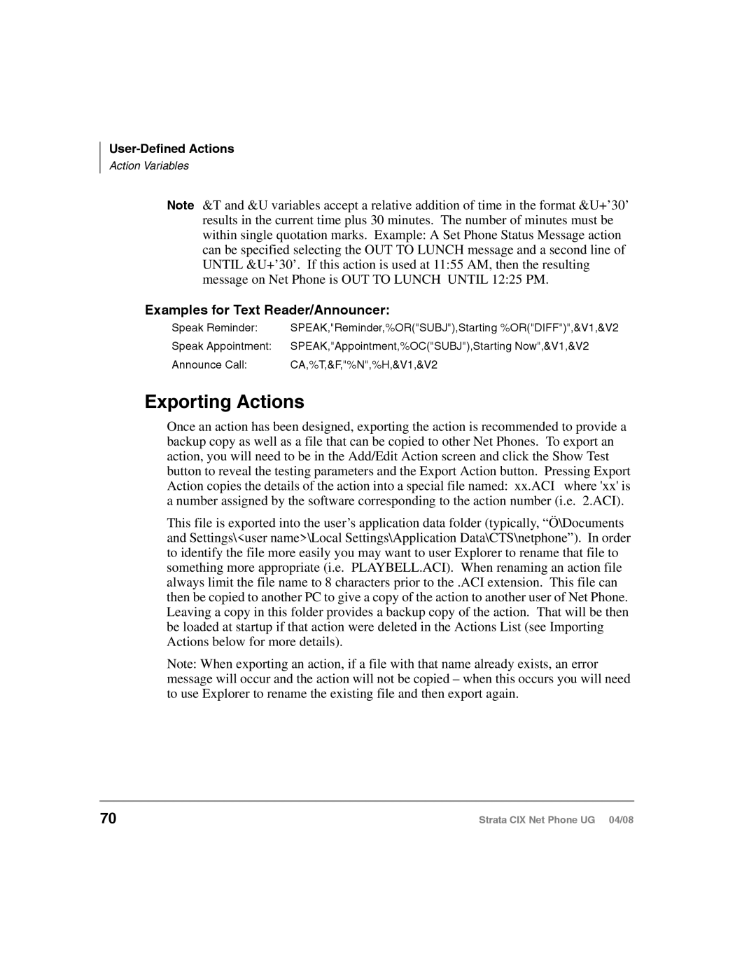 Toshiba CIX200, CIX100-S manual Exporting Actions, Examples for Text Reader/Announcer 