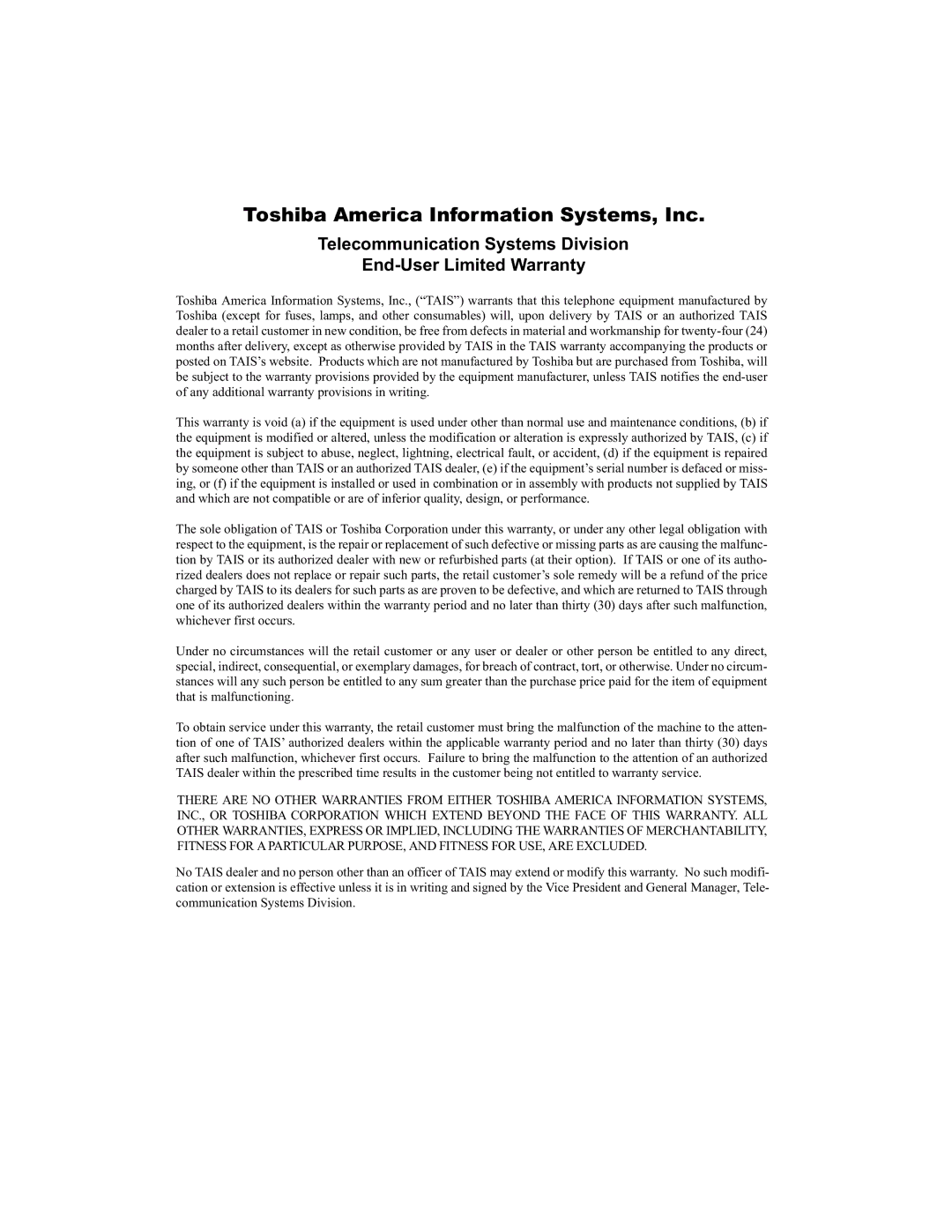 Toshiba CIX40 manual Toshiba America Information Systems, Inc 