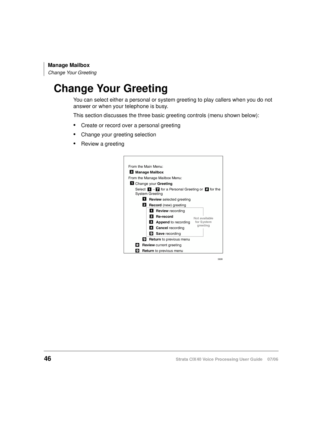 Toshiba CIX40 manual Change Your Greeting, Manage Mailbox 