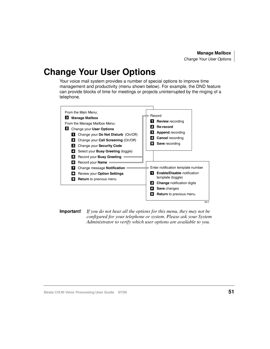 Toshiba CIX40 manual Change Your User Options, Manage Mailbox 