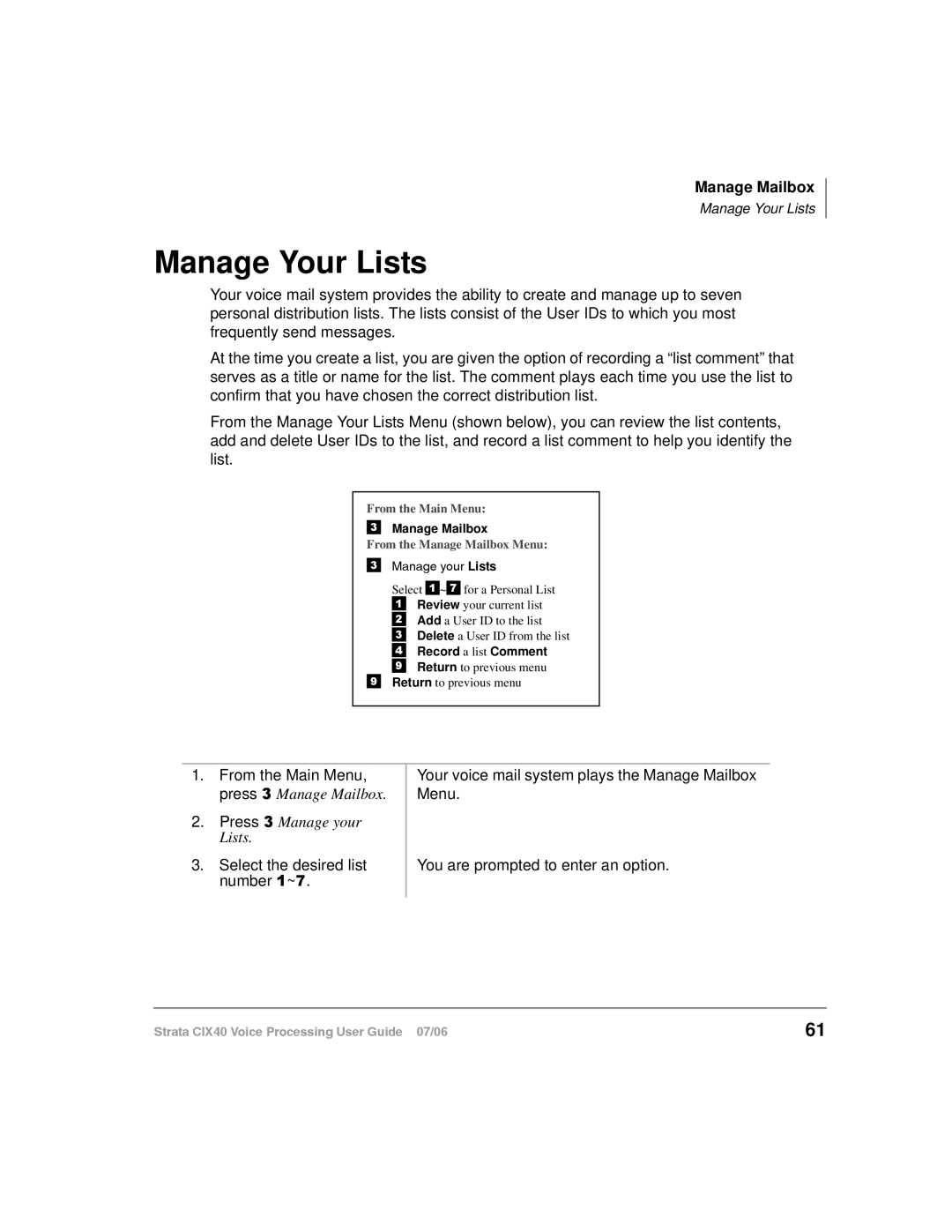 Toshiba CIX40 manual Manage Your Lists, From the Manage Mailbox Menu 