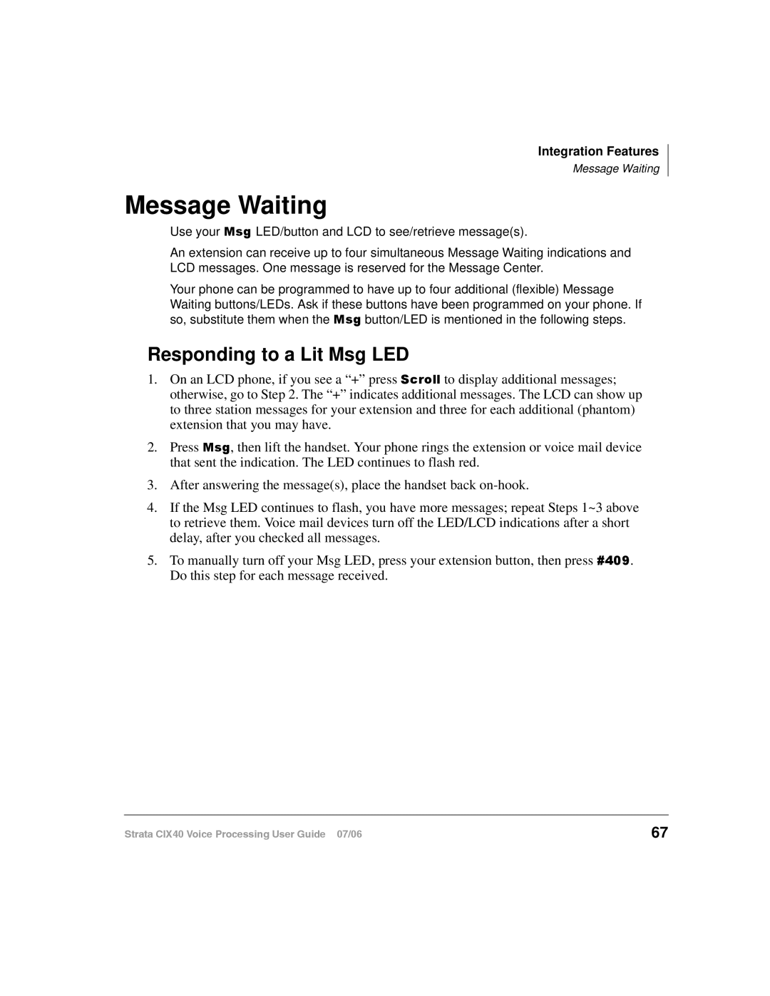 Toshiba CIX40 manual Message Waiting, Responding to a Lit Msg LED 