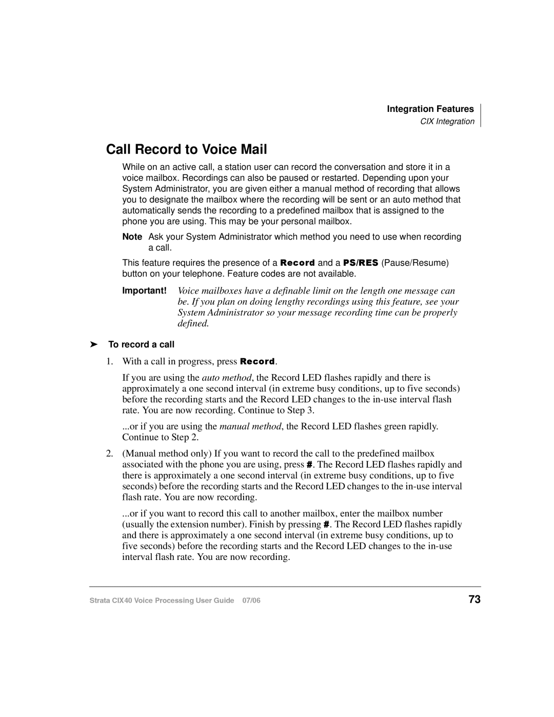 Toshiba CIX40 manual Call Record to Voice Mail 